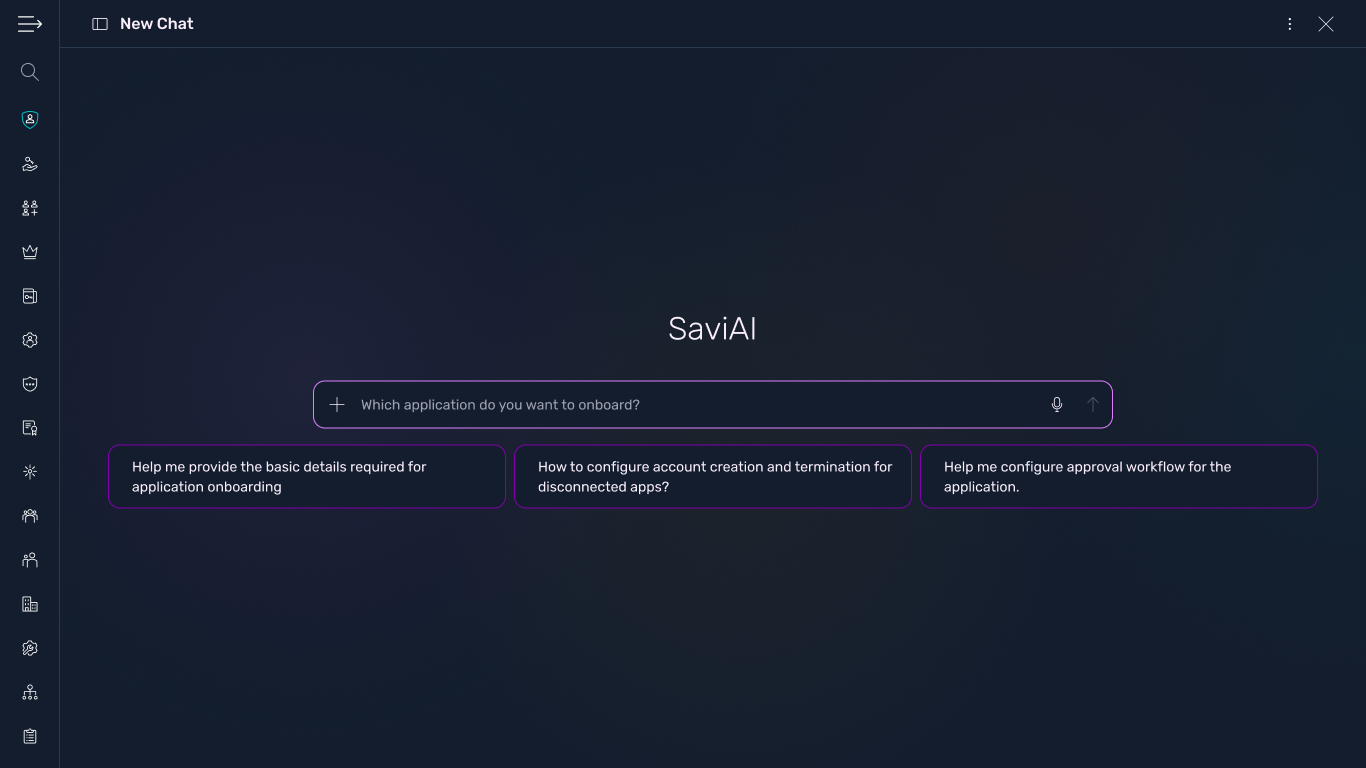 SaviAI new chat screen asking which application to onboard