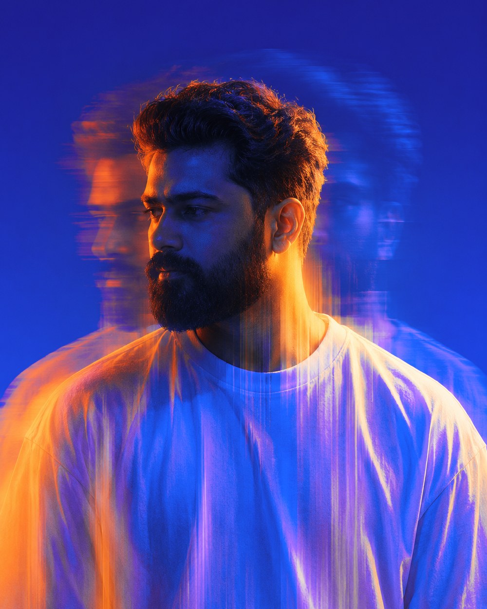 Portrait of Navaneethan Ganesan in orange and blue light