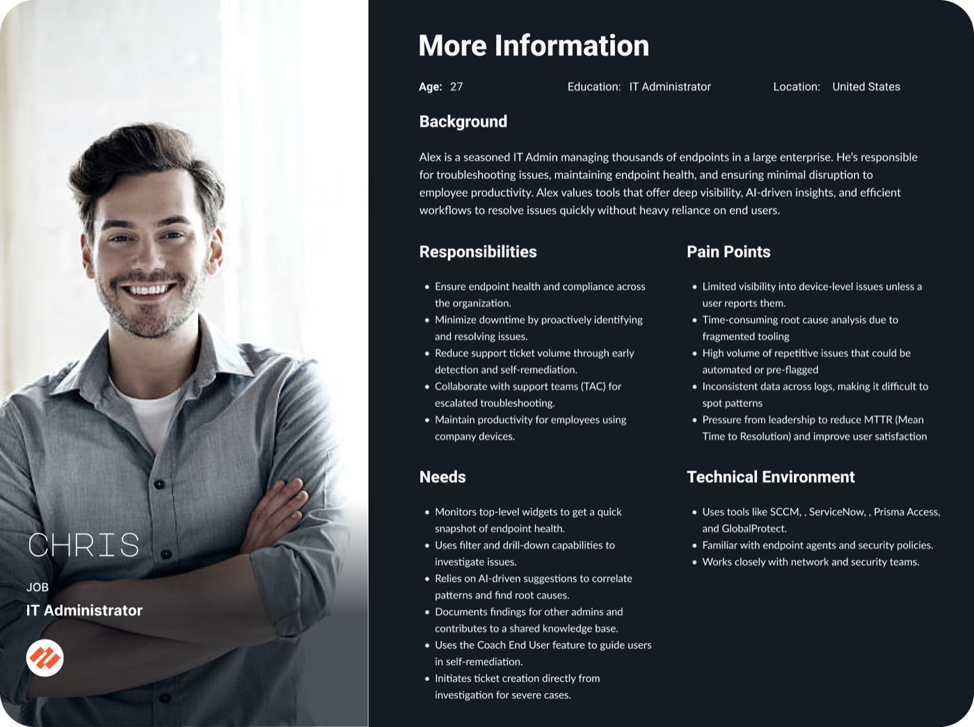 Persona card for Chris, IT Administrator: background, responsibilities, pain points, needs and technical environment